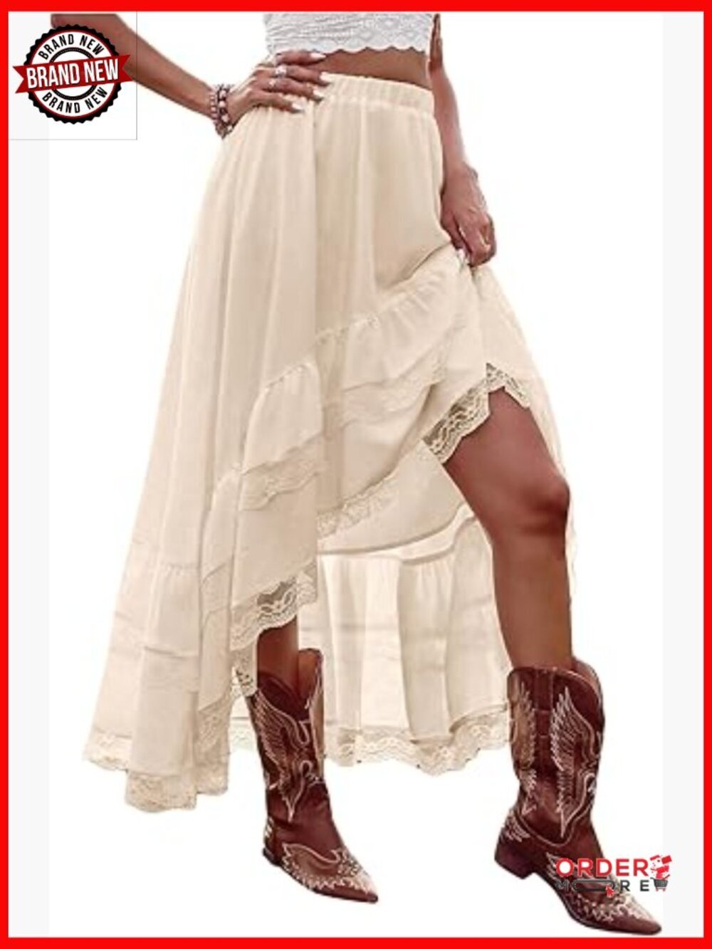 Women's Boho Maxi Skirt High Low Asymmetrical Lace Ruffle Hem Flowy